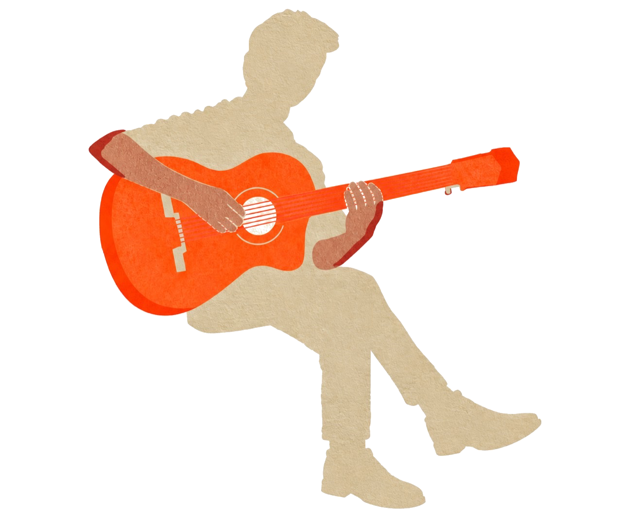 Ilustración de Camilo Eque sentado y tocando una guitarra naranja